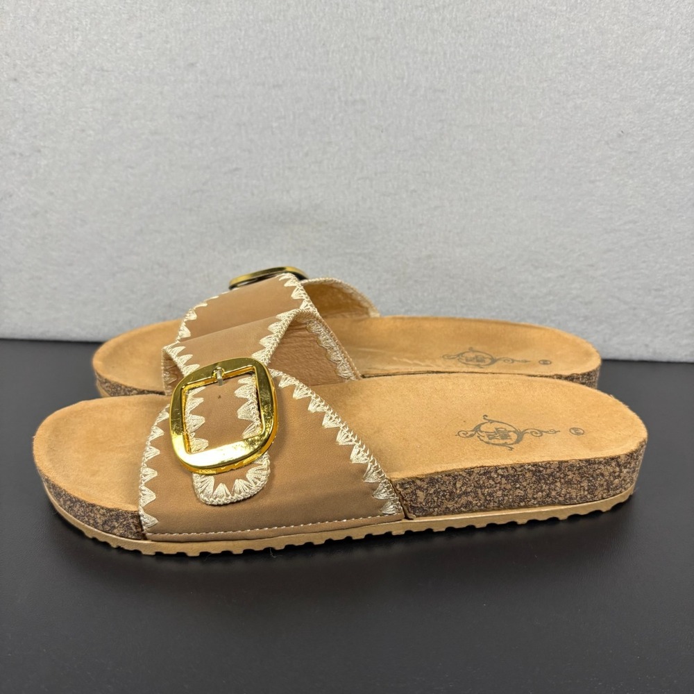 Sole Mates Tan Faux Suede Embroidered‎ Goldtone Buckle Slip On Slides Women's 10
